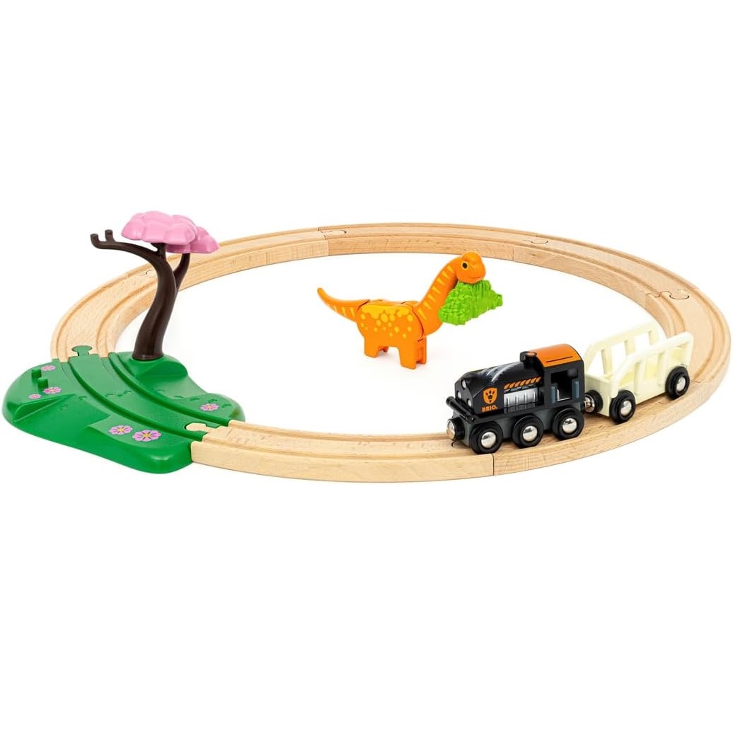 Dinosaur Circle set brio 36098, a box with rails and train closes Brio