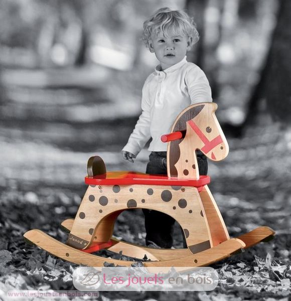 A wooden rocking horse named Caramel from Janod A wooden rocking